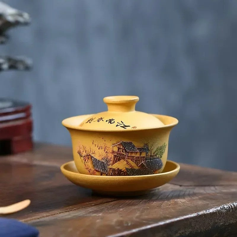 150ml Yixing Retro Landscape Hand-Painted Segment Mud Tea Set Handmade Gaiwan