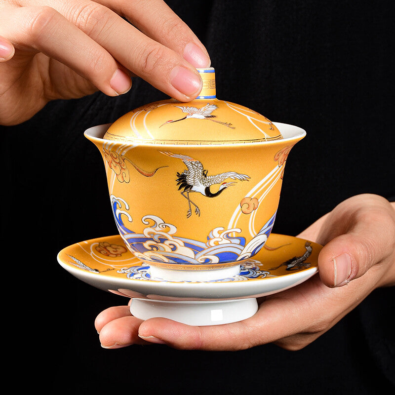 Gaiwan Crane Sancai Cover Bowl To Tea Bowl Tea Bowl Ceramic Gilt Crane Bubble