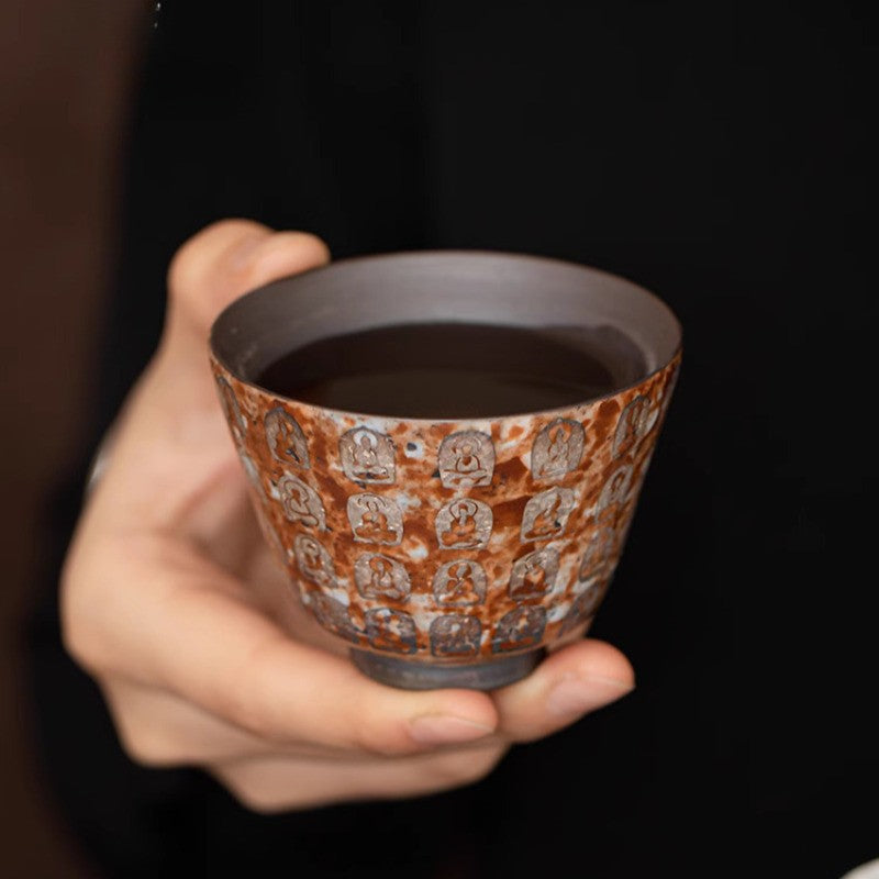 1Pc Chinese Retro Teacup Buddhism Silvering Master Cup Ceramics Tea Tasting Cup
