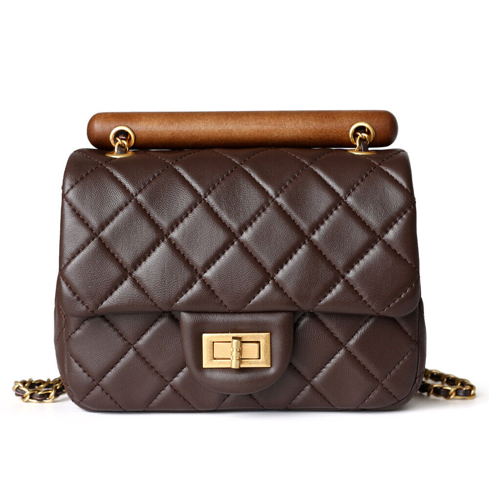 Small Mini Quilted Lambskin Leather Wood Handle Bag Flap Shoulder Purse w/ Chain
