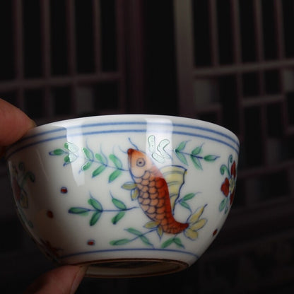 3.1" China Ming Blue White Doucai Contrasting Colors Porcelain Fish Algae Cup