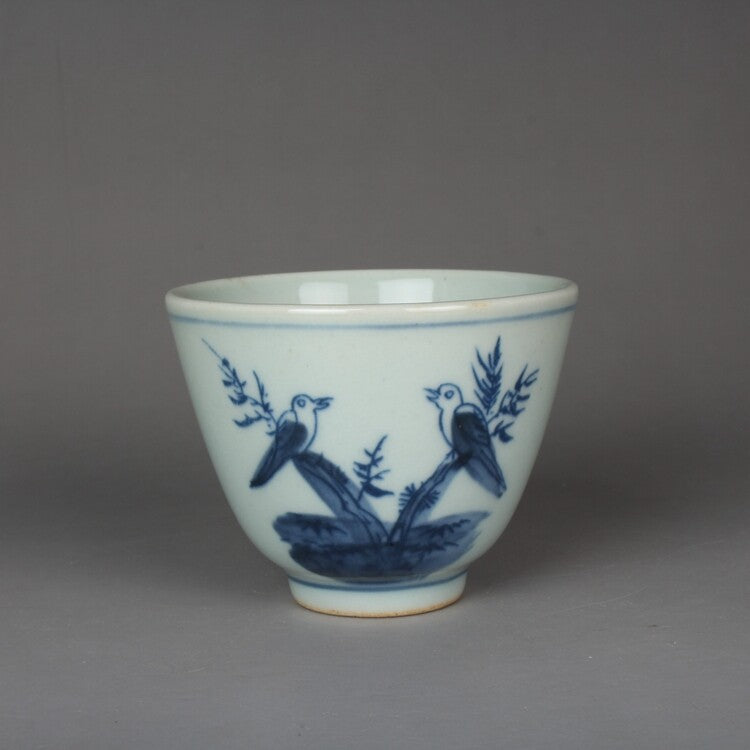 2.9" Chinese Jing De Zhen Blue and White Porcelain Flower Magpie Bird Teacup Cup