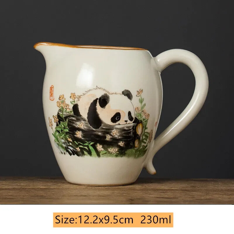 Ru Kiln Ceramic Fair Cup Tea Strainer Hand-painted Panda Tea Caddy