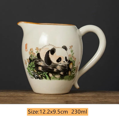 Ru Kiln Ceramic Fair Cup Tea Strainer Hand-painted Panda Tea Caddy
