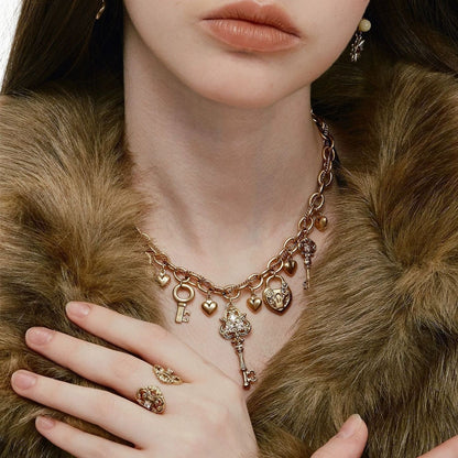 Vintage Gold Key Pendant Layered Chain Necklace