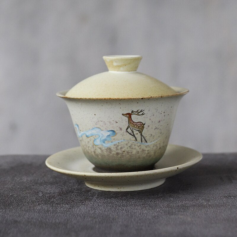 Ceramic Gaiwan Teacup Deer Chinese Tea Sets Drinkware 150ml