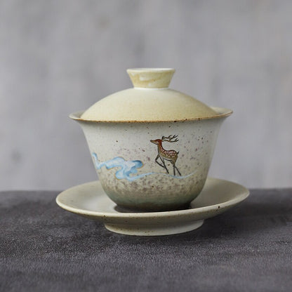 Ceramic Gaiwan Teacup Deer Chinese Tea Sets Drinkware 150ml