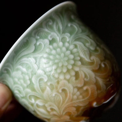 Celadon Carved Relief Gaiwan Ceramic Chinese Tea Bowl Vintage Tea Cup Household