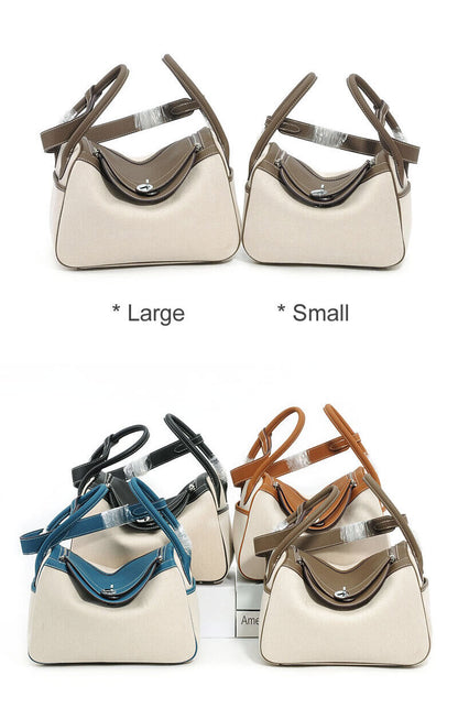 2 Szs Real Leather Linen Tote Shoulder Purse Doctor's Bag Hobo Handbag 2 Handles