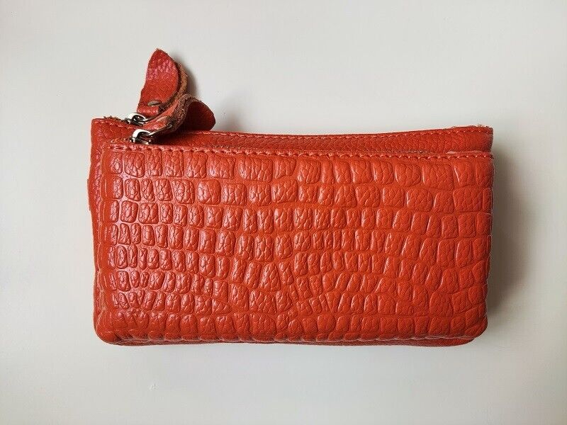 Orange Wristlet Purse Women Lady's Wallet Coin Purse Small Bag Genuine Leather