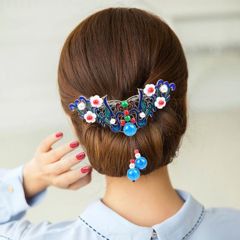 Vintage Chinese Cloisonne Large Spring Hair Clip Retro Tassel Barrette for Women