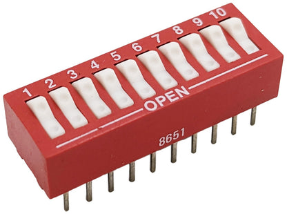 Rocker Style DIP Switch w/ 10 Switches, 20-Pin, SPST, Red (27.4mmx9.6mmx7.9mm)