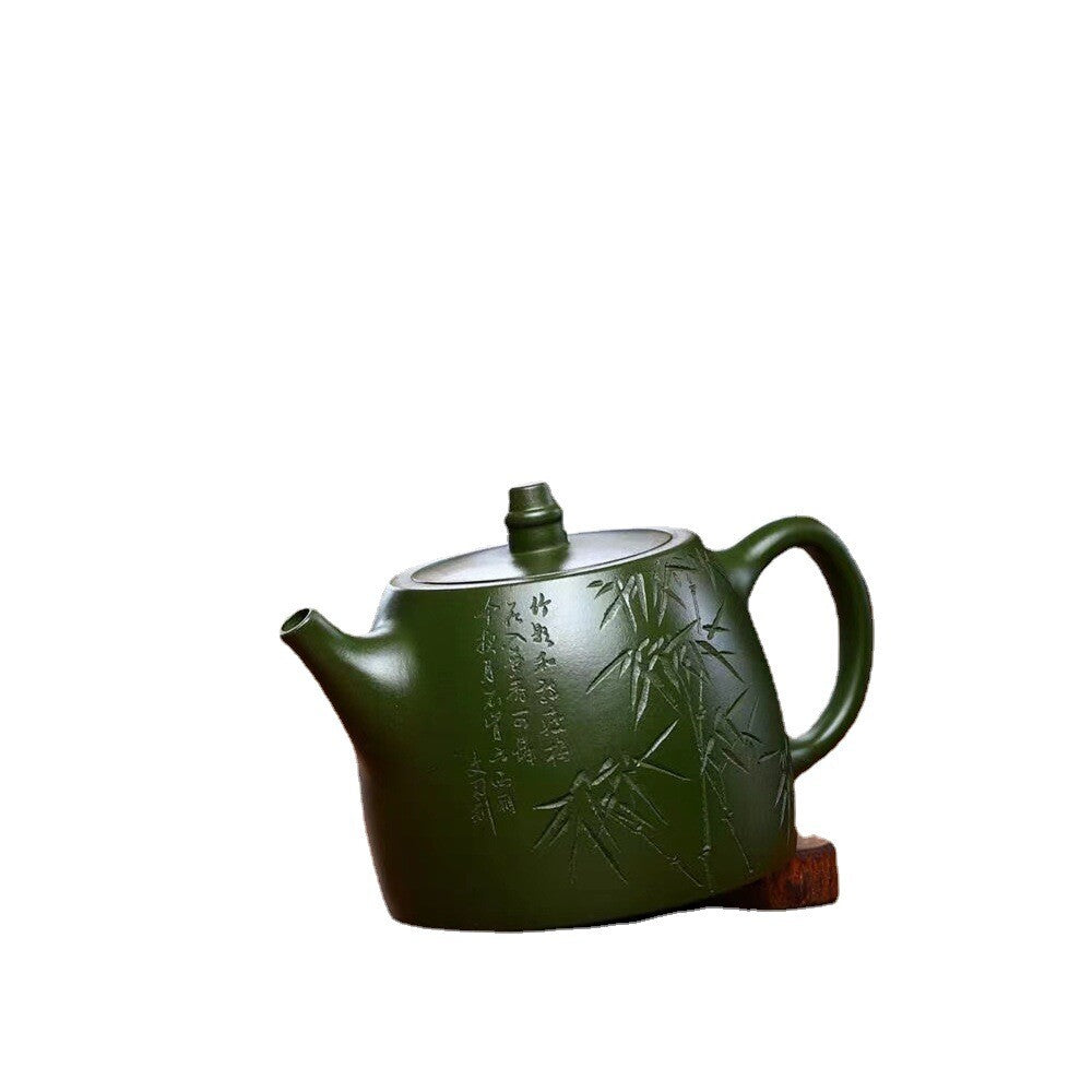 True Yixing Zisha Republic Green Clay Tea Pot Marked Bamboo Carved Chinese Pots