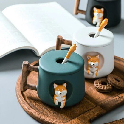 Ceramic Shiba Inu Mug with Lid Spoon Cute Dog Coffee Cup 420ml