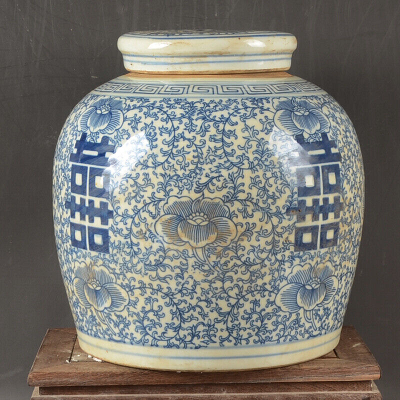 Late Qing Dynasty Folk Kiln Blue and White Tea Pot with Joy Words and Lotus Cove