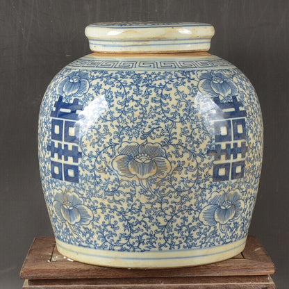 Late Qing Dynasty Folk Kiln Blue and White Tea Pot with Joy Words and Lotus Cove