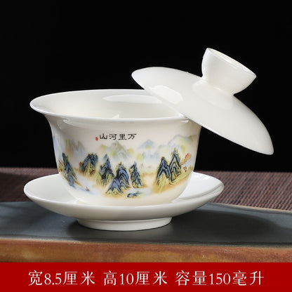Sheep Fat Jade Porcelain Dehua Cover Bowl White Porcelain Blue and White Tea Set
