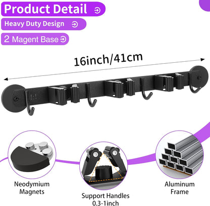 Magnetic Broom Holder Wall Mount - Heavy Duty Non-Slip Mop Hanger with 4 Hooks a