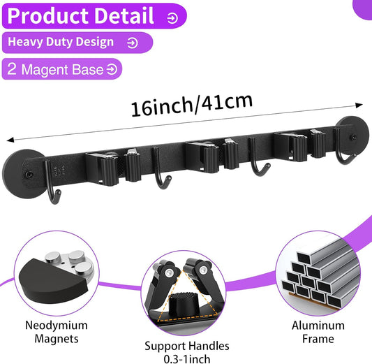 Magnetic Broom Holder Wall Mount - Heavy Duty Non-Slip Mop Hanger with 4 Hooks a