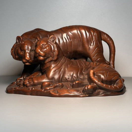 Vintage Chinese Boxwood Carved Pair Tiger Statue Decoration Wooden Figurine Nice