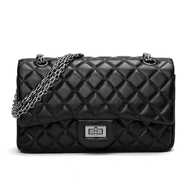Quilted Sheepskin Leather Double Flap Small Shoulder Bag w/ Chains Handbag Purse