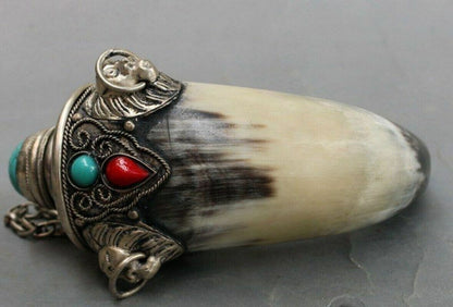 Chinese Old Buffalo Horn Bottle Turquoise White Copper Collection