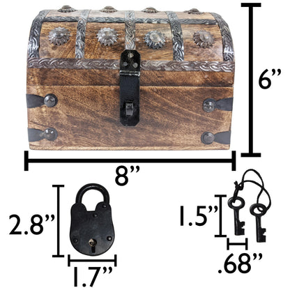 8"x6"x6" Wood Pirate's Treasure Chest Nautical Jewelry Box, Includes Lock & Keys