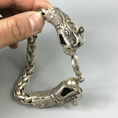 Chinese Rare Collectible Tibet Silver Handwork Dragon Amulet Bracelet Exquisite