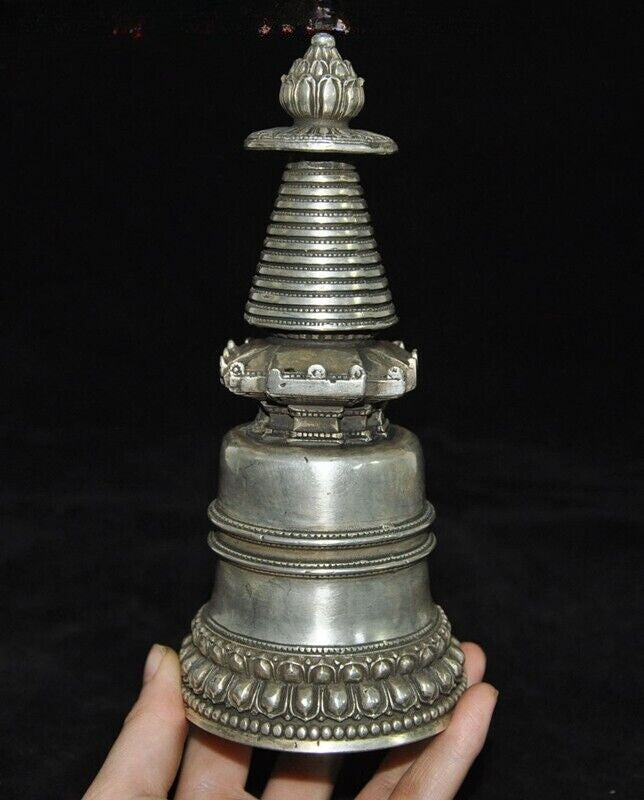 6.4'' Tibet Tibetan Silver Buddhism Temple Buddha Stupa Pagoda Tower Statue