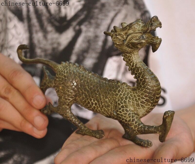 Old China bronze Feng Shui auspicious Dragon Loong Dragons Zodiac animal statue