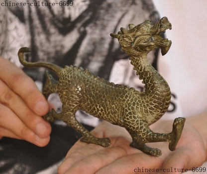 Old China bronze Feng Shui auspicious Dragon Loong Dragons Zodiac animal statue