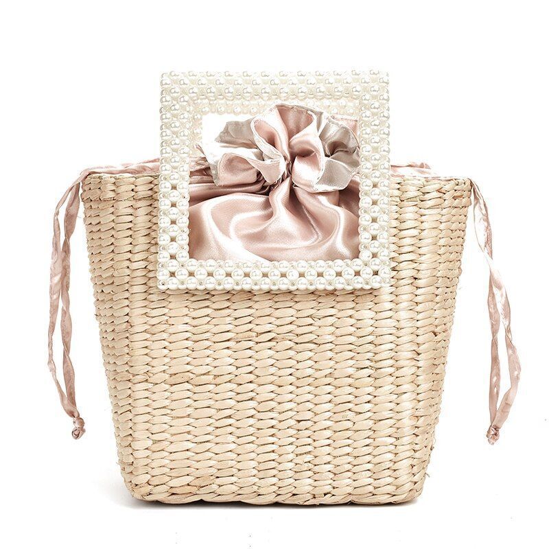 Pearl Straw Bag Fashionable Shoulder Bag Seaside Vacation Handbag Polyester 1 PC