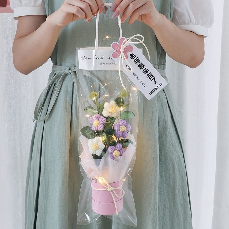 Crochet Flowers Bouquet Milk Cotton Hand-Knitted LED Light Gift Bag Floral Decor