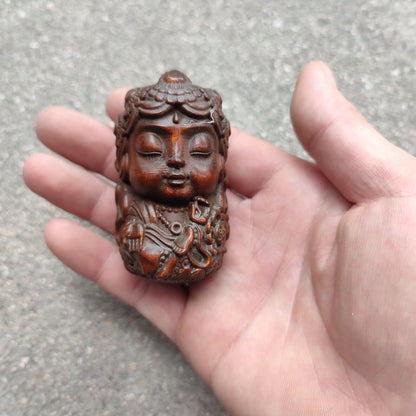 Vintage Wooden Ornaments Boxwood Carving Baby Buddha Statue Figurine Lotu Flower