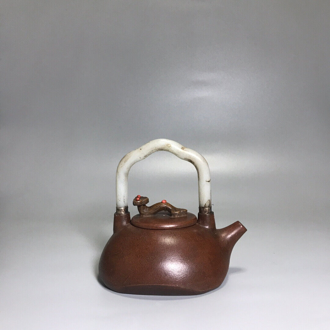 Chinese Yixing Zisha Clay Handmade Exquisite Teapot （方瓢镶玉提梁 底款：杨鹏年）