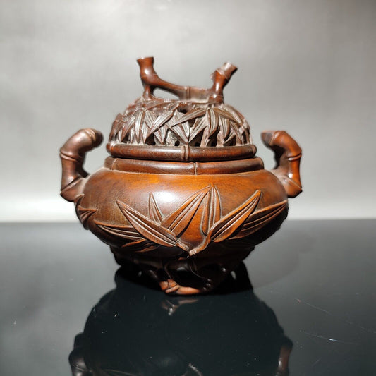 vintage Boxwood Tripod Censer buddha incense holder bamboo carved statue antique