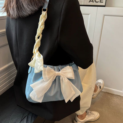 White Bow Versatile Shoulder Bag Summer Autumn Pleated Cloud Handbag 28*15*8 cm