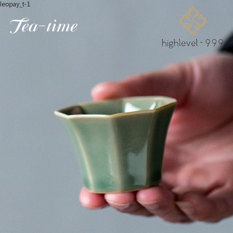 40ml Handmade Yue Kiln Celadon Octagonal Tea Cup Retro Ceramic Tea Tasting