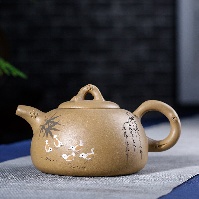 Chinese Yixing Zisha Tea Pot Beautifully Painted Purple Clay Stump Tea Pot 300ml