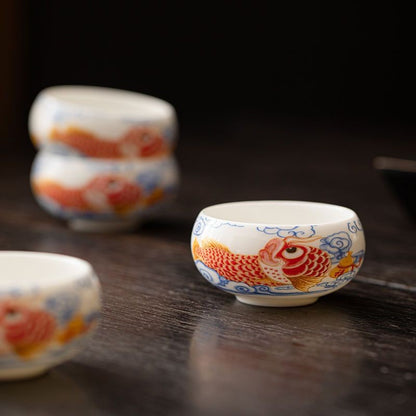 Handmade White Jade Porcelain Koi Fish Teacup 80ml Chinese Gongfu Cup