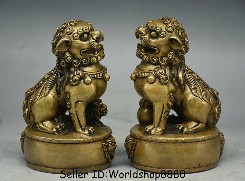 4.4"IN Chinese Old Copper Folk Feng Shui Foo Fu Dog Guardion Lion Drum Statue