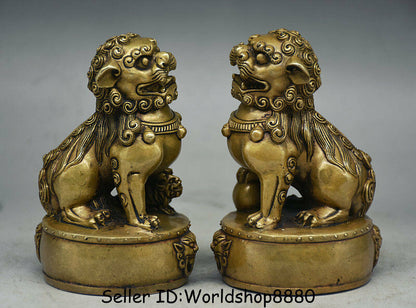 4.4"IN Chinese Old Copper Folk Feng Shui Foo Fu Dog Guardion Lion Drum Statue