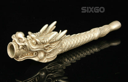 China Collectible Hand-carved Dragon Head Retro Tibetan Silver Pipe