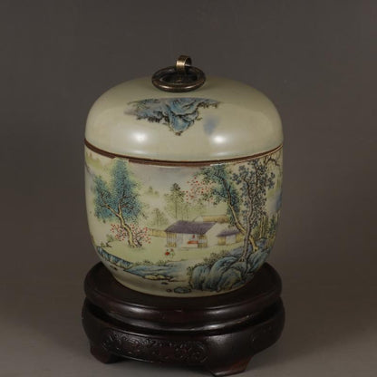 Landscape Lid Jar Tea Jar Antique Antique Porcelain Decoration