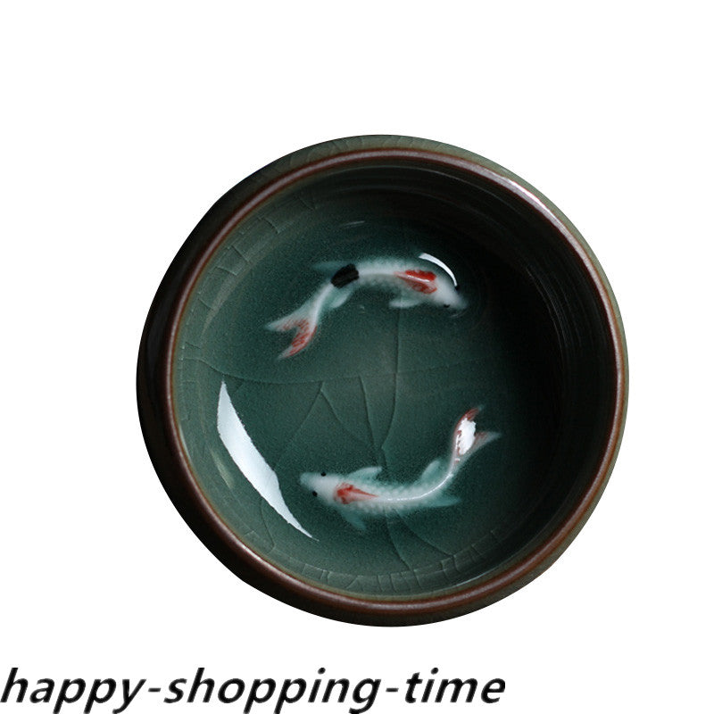 Longquan Porcelain Tea Cup Crackle Glaze Brother Kiln Serving Cup Double Fish