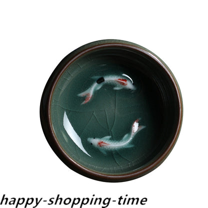 Longquan Porcelain Tea Cup Crackle Glaze Brother Kiln Serving Cup Double Fish