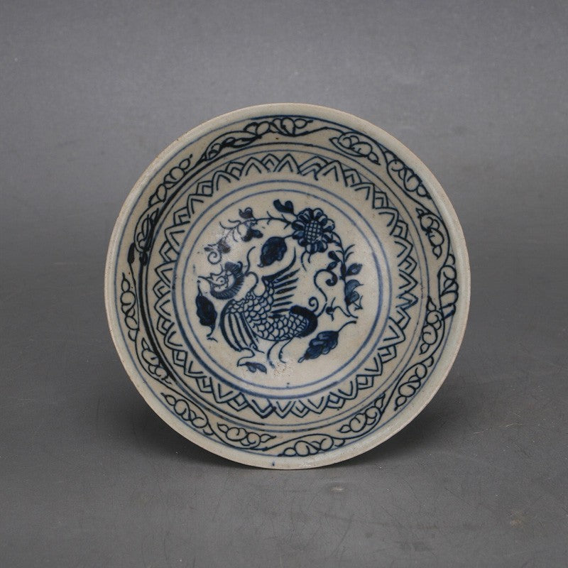 Ming Blue and White Red-crowned Crane Fruit Platter Antique Porcelain Fruit Bowl