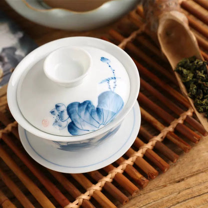 160ml Premium Porcelain Gaiwan Blue and White Kungfu Tea Bowl Chinese Teaware