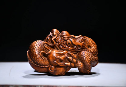 Chinese Collection Hand Carved Boxwood Wood Dragon Statue hand piece