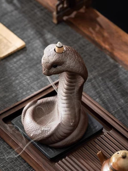 6.7" Porcelain Cobra Snake Statue Backflow Incense Burner Censer Home Decor